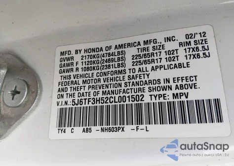 2012 Honda Crosstour 2.4 Ex-L из США, поврежденный, VIN 5J6TF3H52CL001502